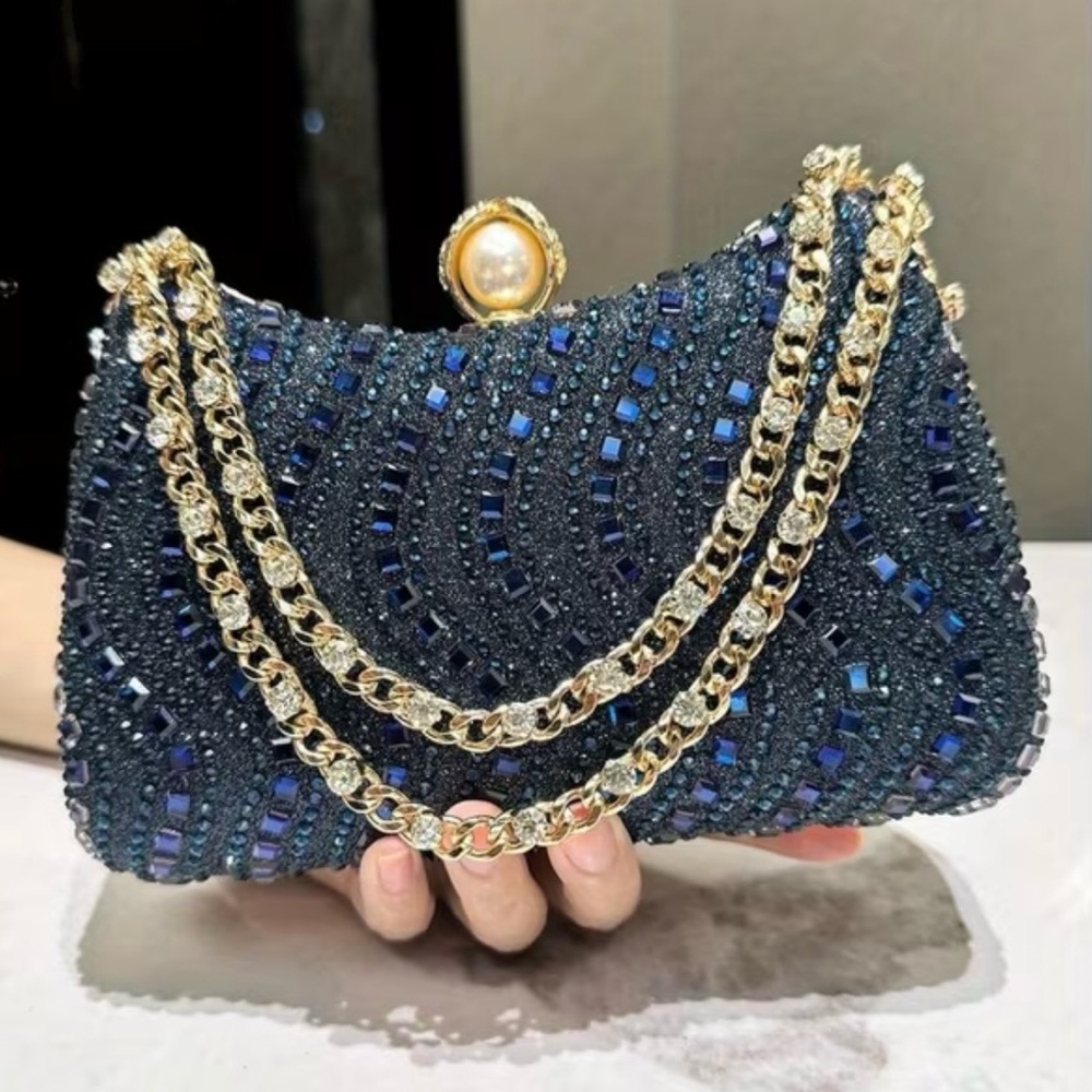NWT Beautiful Blue Beaded Rhinestone Evening Bag with Gold Chain
